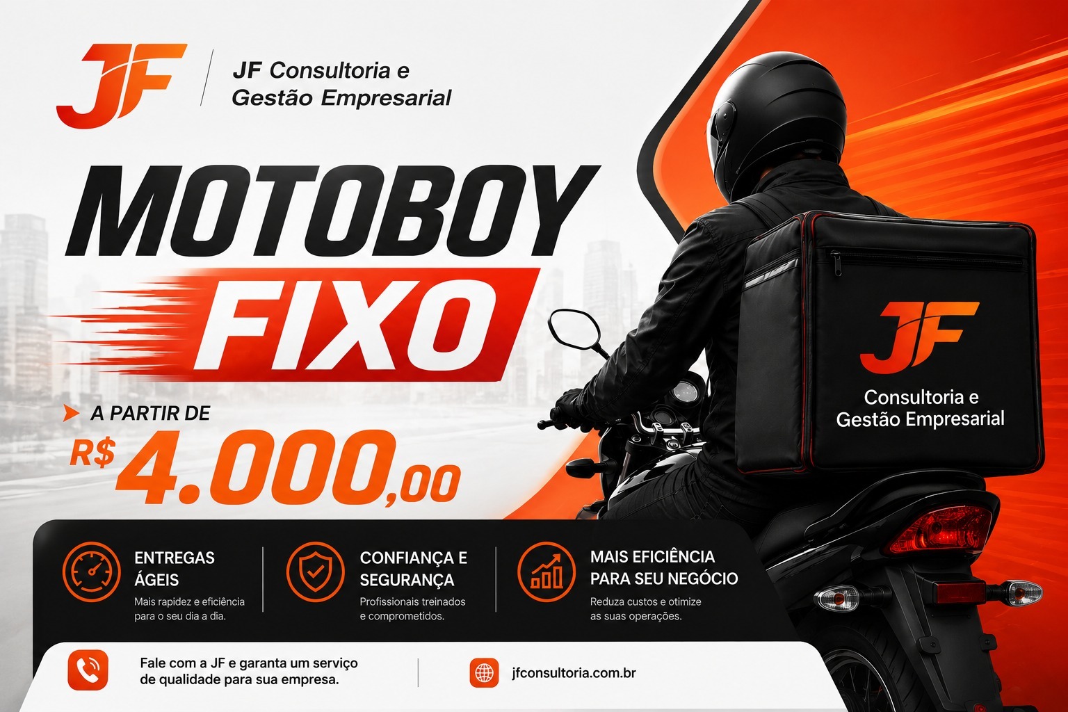 Motoboy Fixo da JF Consultoria a partir de R$ 4.000,00, entregas ágeis, confiança e segurança, mais eficiência para seu negócio